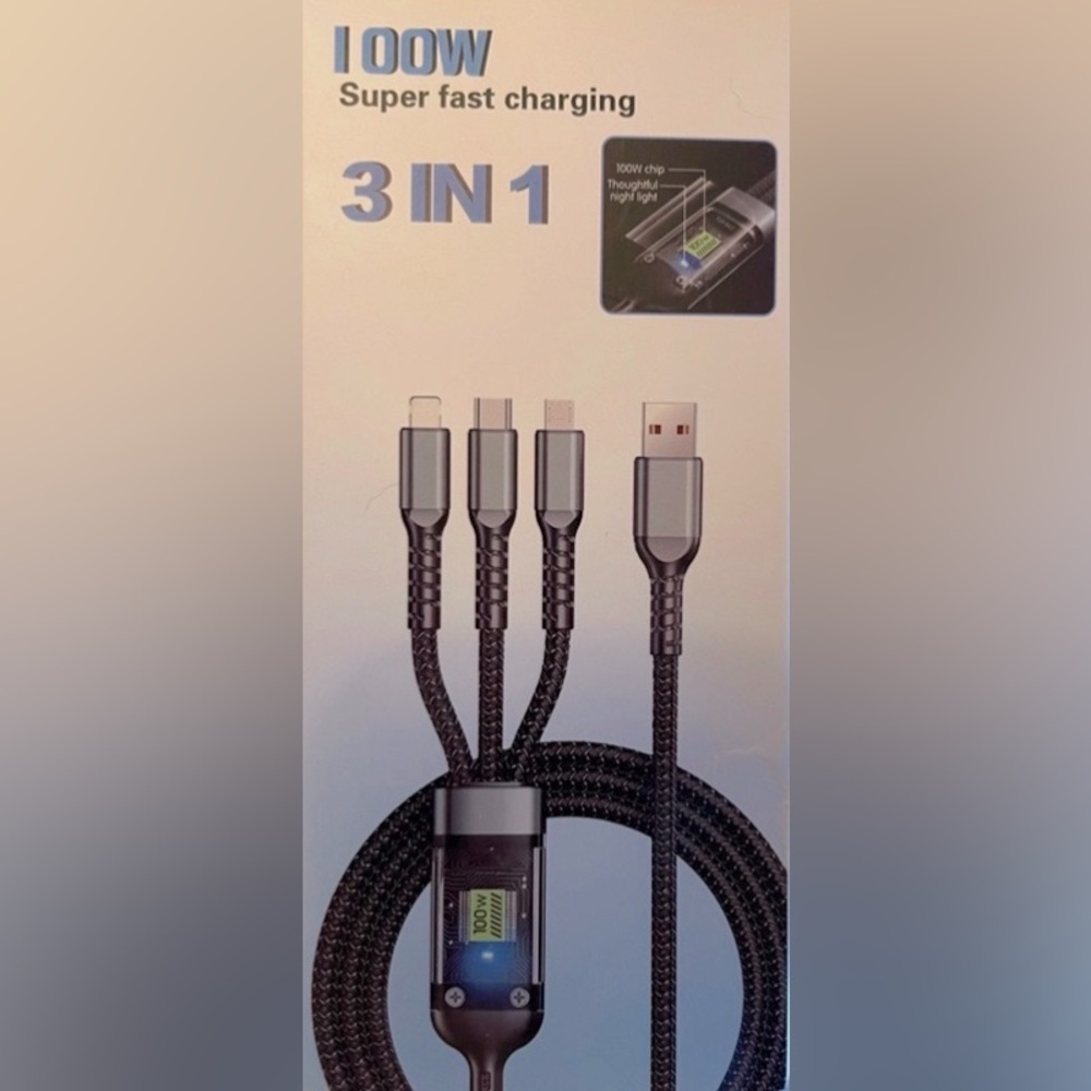 3 in 1 Fast Charging Cable black lightning type c micro data cable NWT Light up